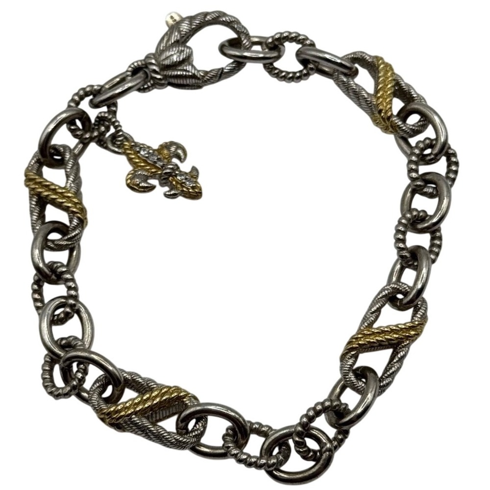 Judith Ripka Sterling Silver Cable Rope Two Tone Fleur de Lis Charm Bracelet‎
